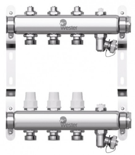 Коллектор для отопления Wester 1"-3/4 в сборе на 3 выхода с 2 заглушками