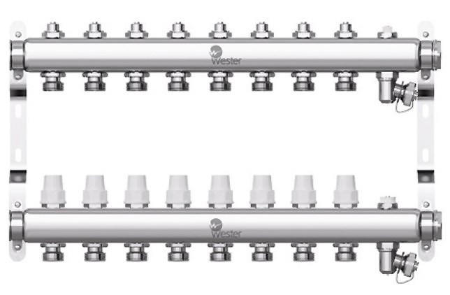 Коллектор для отопления Wester 1"-3/4 в сборе на 8 выходов с 2 заглушками
