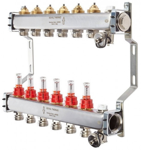 Для отопления Royal Thermo 1" ВР-3/4" НР, 6 выходов с расходомерами, нерж. (RTE 52.106)